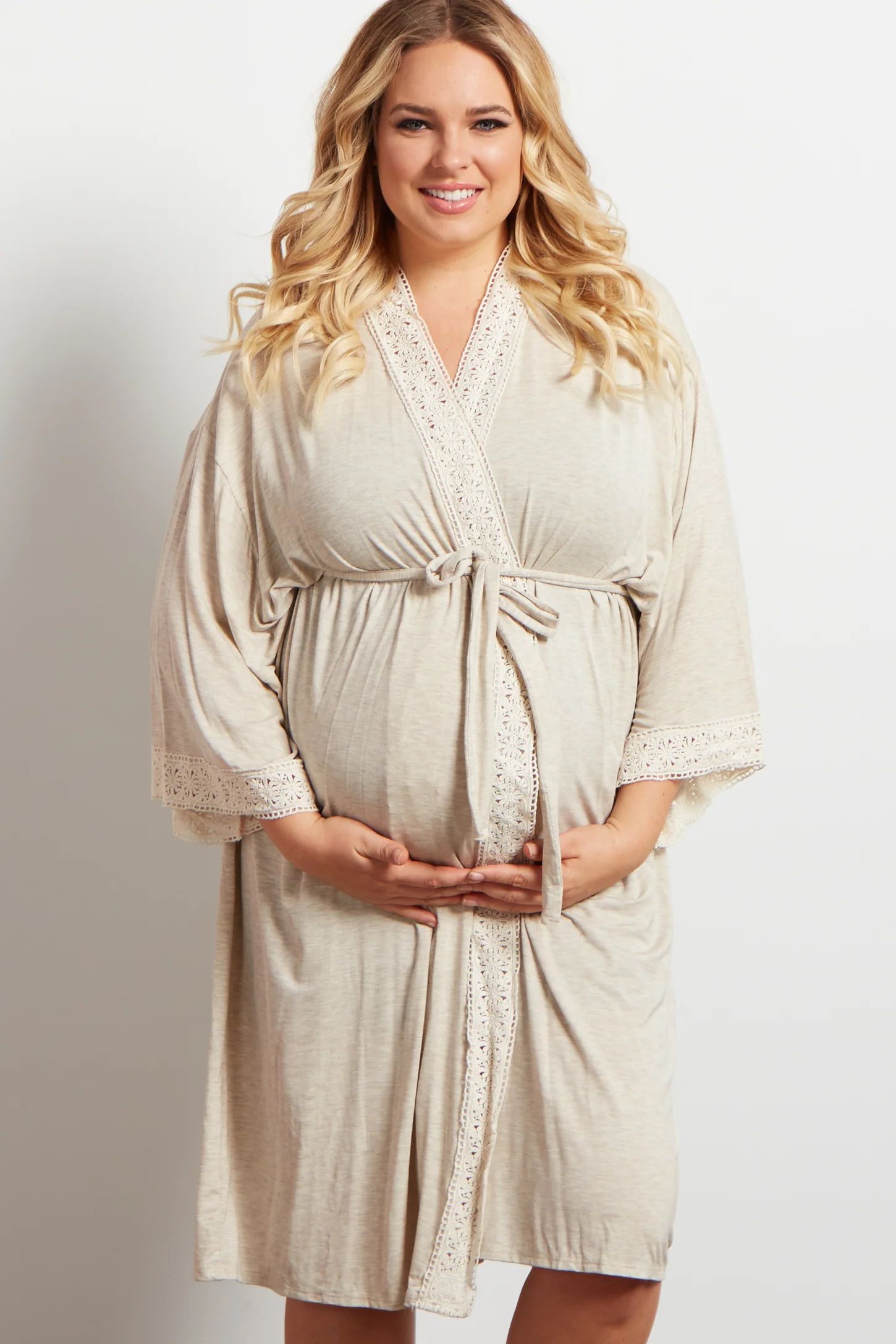 PinkBlush Ivory Crochet Trim Plus Delivery/Nursing Maternity Robe | PinkBlush Maternity