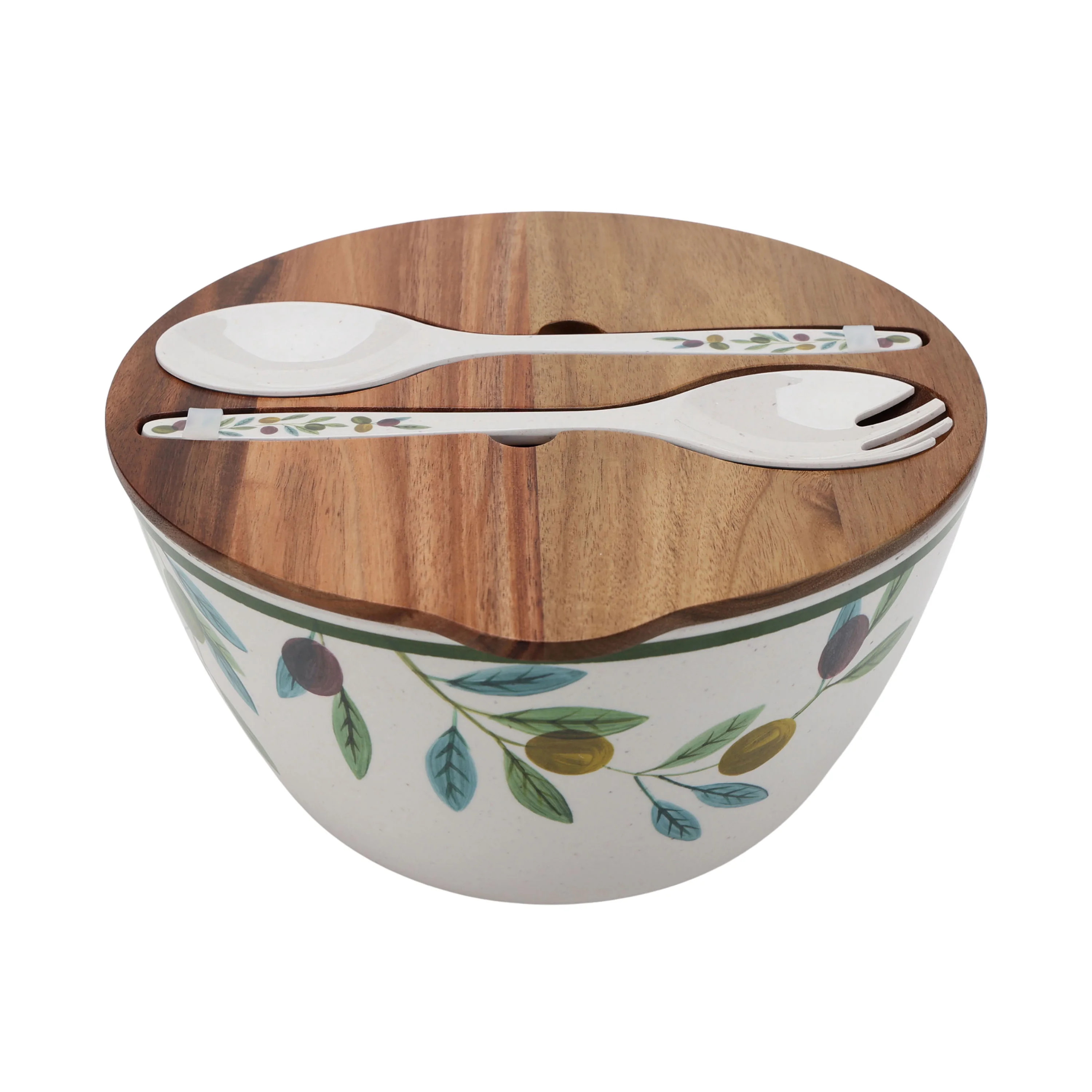 Better Homes and Gardens Bamboo Melamine Olive Salad Bowl with Acacia Wood Lid and Utensil Set | Walmart (US)