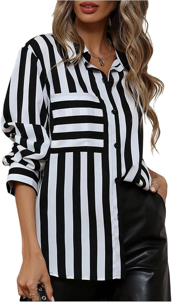 GORGLITTER Women's Striped Button Down Shirt Dressy Long Sleeve Blouses Business Casual Collared ... | Amazon (US)