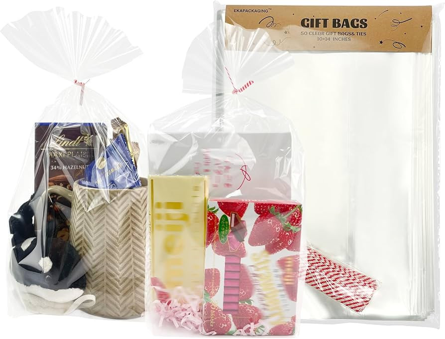 EKAPACKAGING Clear 10x14Inches 50Pcs Twist Ties Flat Bottom Gusset Cellophane Bags Candy Party Fa... | Amazon (US)
