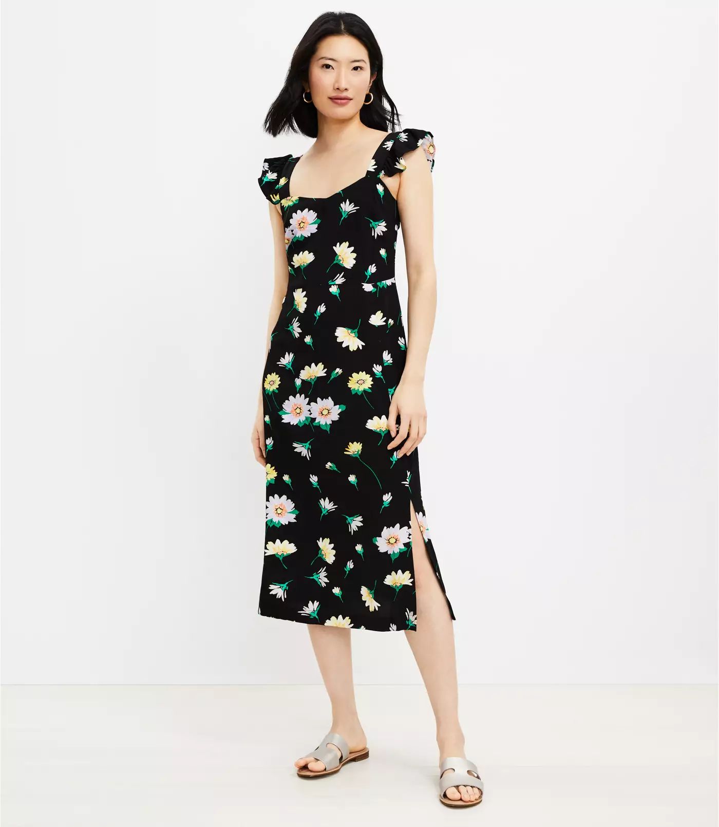 Floral Ruffle Strap Midi Dress | LOFT | LOFT
