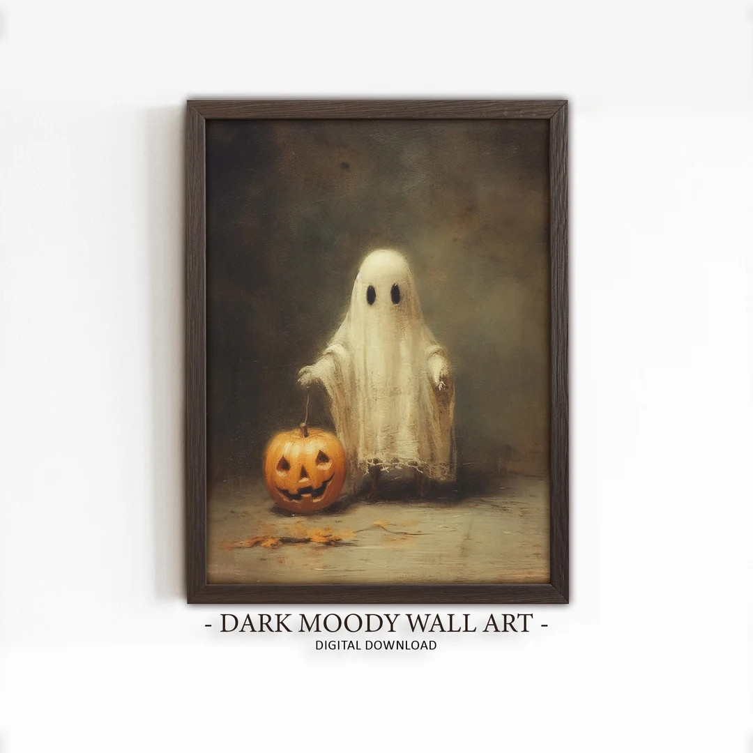 Cute Ghost With Pumpkin Print, Dark Halloween Art, Moody Digital Printable Decor, Dark Academia D... | Etsy (US)