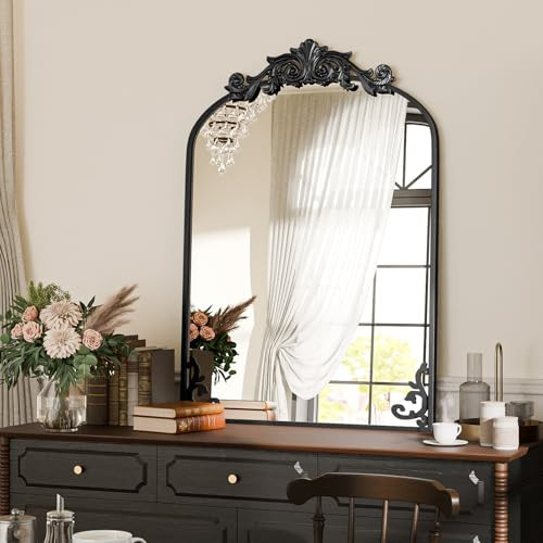Koonmi Vintage Mirror, 26x38 Retro Wall Mounted Vanity Mirror, Tempered Glass, Detachable Flower Head, Black Antique Decorative Arched Mirrors for Bathroom Entryway Fireplace Hallway | Amazon (US)