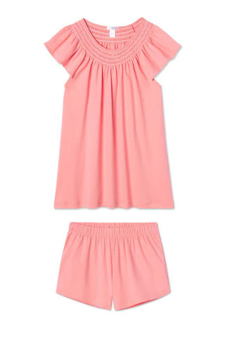 Pima Smocked Flutter Shorts Set in Coral | LAKE Pajamas