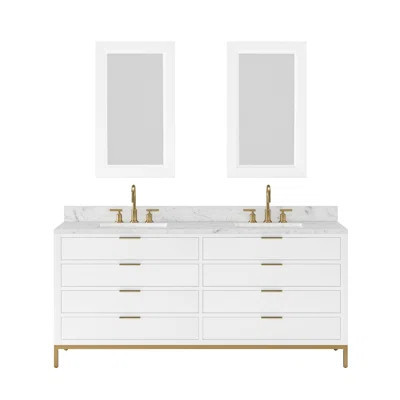Bristol 72 In. Double Sink Carrara White Marble Countertop Bath Vanity In Monarch Blue With Satin Gold Gooseneck Faucets And Rectangular Mirrors (S) | Wayfair North America