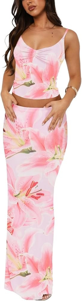 Two Piece Skirt Set for Women - Sexy Sleeveless Spaghetti Strap Pleated Tank Top Maxi Long Skirts... | Amazon (US)