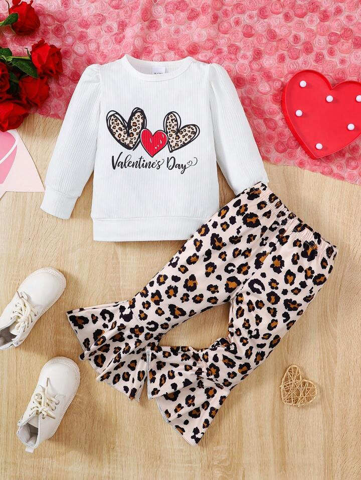 Young Girl's Valentine's Day Heart Print Top & Leopard Flared Pants Set | SHEIN