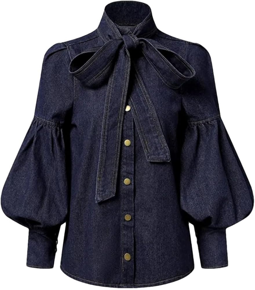Women's Bow Tie Design Imitation Denim Puff Sleeve Shirt Spring and Autumn High Collar Fashion Sh... | Amazon (US)