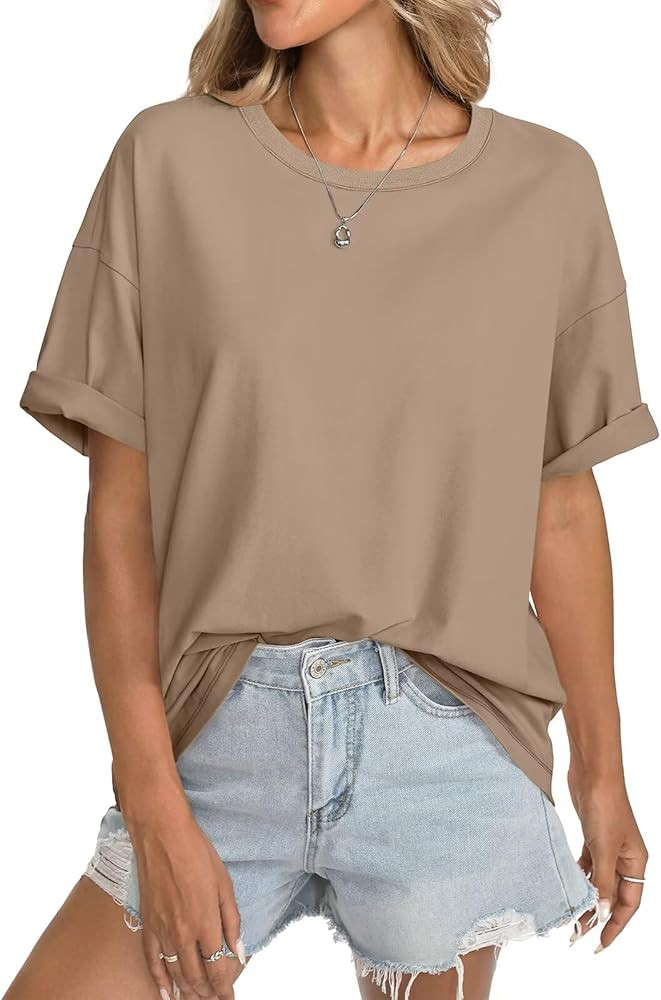 Womens Cotton Oversized T Shirts Short Sleeve Tops Ribbed Crewneck Loose Fit Tee Summer Fashion C... | Amazon (US)