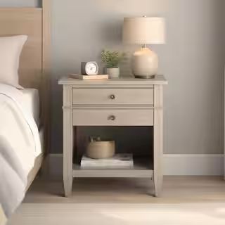 Simpli Home Carlton 2-Drawer Solid Wood 24 in. Wide Transitional Bedside Nightstand Table in Dist... | The Home Depot
