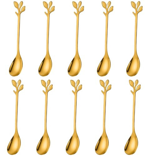 AnSaw Elegant Gold Leaf Coffee Spoons - 10-Piece, 4.7" Mini Stainless Steel Espresso & Dessert Tea Spoons, Perfect for Demitasse & Small Servings | Amazon (US)