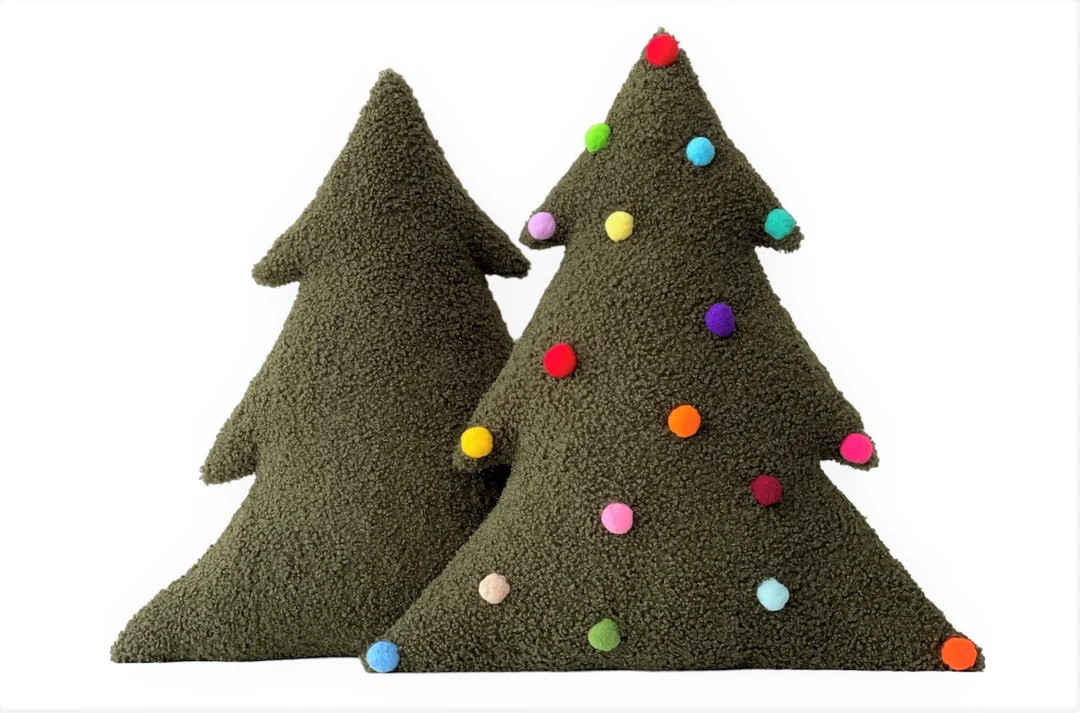 Dark Green Boucle Pine Christmas Tree Shaped Cushion, Rainbow Pompoms Christmas Tree Pillow, Xmas... | Etsy (US)