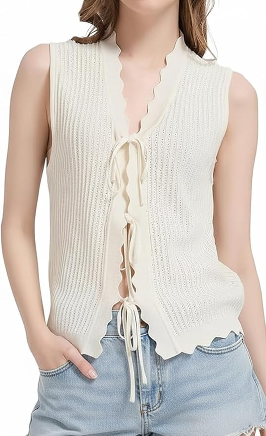 Orolay CHIIONE Tie Front Knit Tops Women Crochet Vest Tops Scalloped Edge Summer Tops Beach Vacat... | Amazon (US)