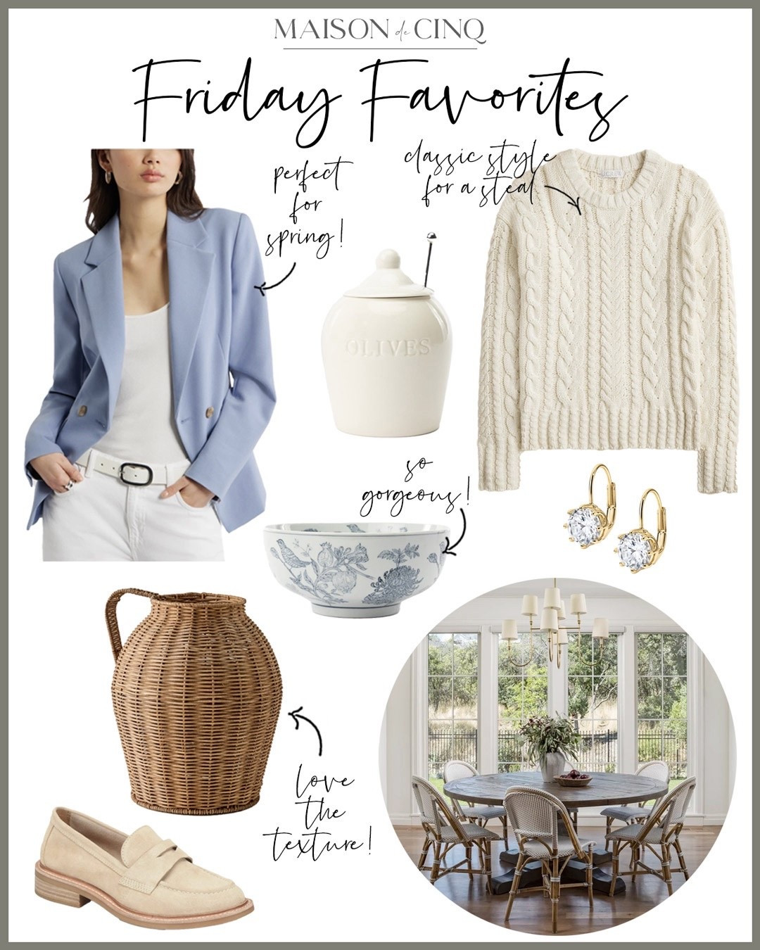 Friday Favorites this week include lots of President Sale finds from McGee & Co, Nordstrom, Jcrew, Magnolia and more!

Home decor, spring fashion, winter fashion, spring outfits, sweaters, jacket, raincoat, blazer, cable knit sweater, earrings, pitcher, bowl, tabletop, loafers, wood boards 

#LTKSaleAlert #LTKHome