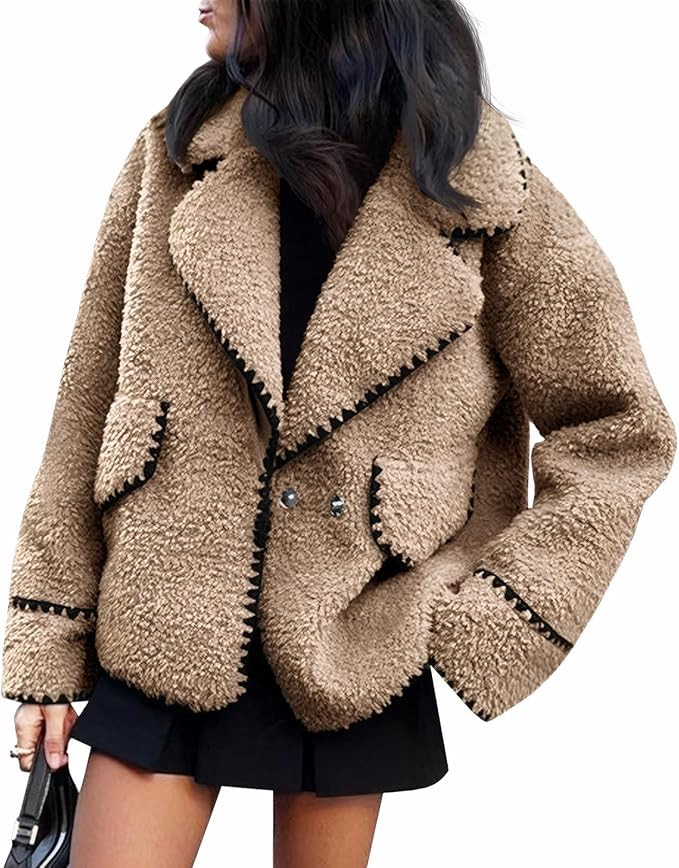 Cicy Bell Womens Sherpa Fleece Jacket Casual Collar V Neck Fuzzy Coats Contrast Trims Open Front ... | Amazon (US)