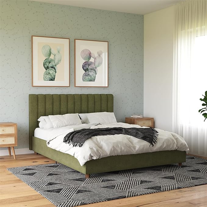 Novogratz Brittany Upholstered Platform Bed Frame, Green Linen, King | Amazon (US)