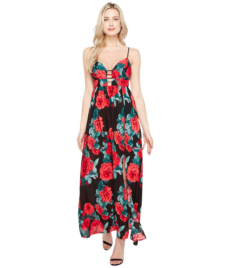 Brigitte Bailey - Kenia Spaghetti Strap Rose Print Maxi Dress (Black/Red) Women's Dress | Zappos