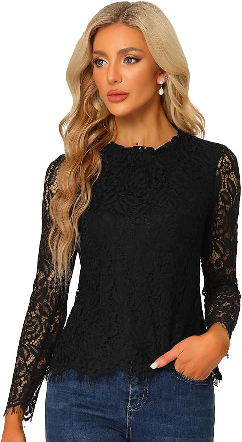 Allegra K Women's Lace Top Long Sleeve Ruffle Neck Floral Blouse | Amazon (US)