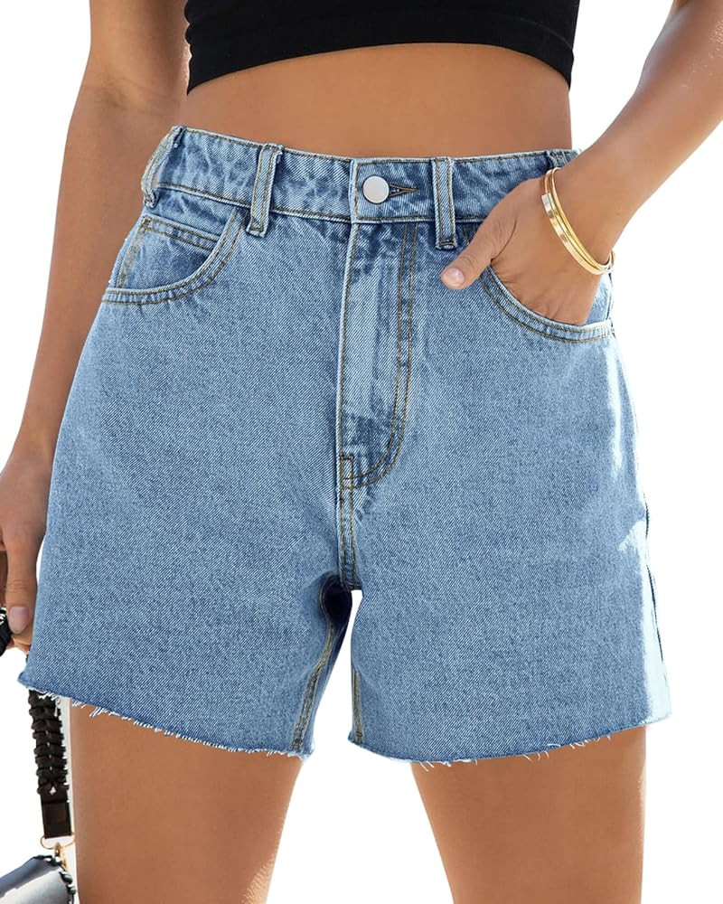 PLNOTME Womens Jean Shorts High Waisted Straight Leg Stretchy Raw Hem Mom Denim Shorts | Amazon (US)