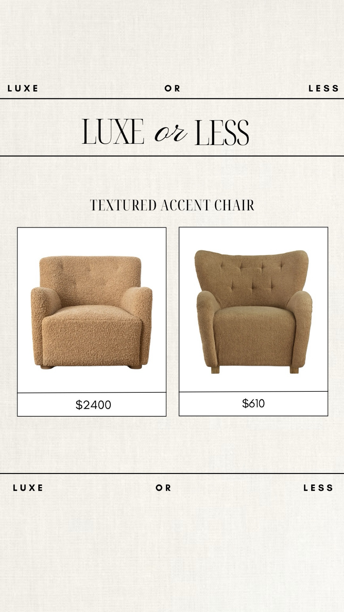 Luxe or Less: Textured Accent Chair!

Gorgeous on either budget!

accents chair, designer accent chair, boucle accent chair, wayfair finds, budget friendly furniture, affordable accent chair 

#LTKStyleTip #LTKHome