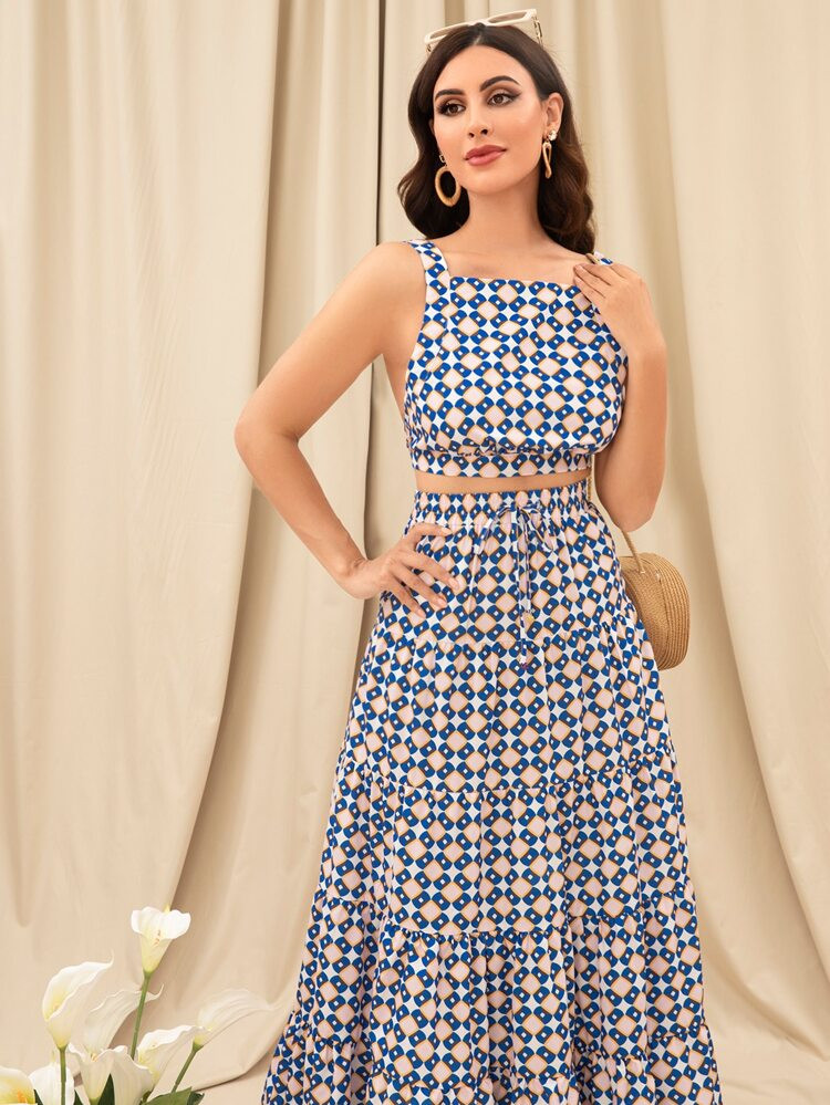 Geo Print Tie Back Cami Top & Ruffle Hem Skirt | SHEIN