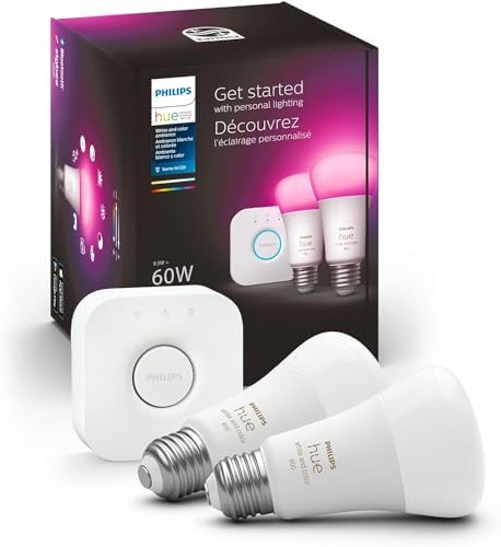 Philips Hue Smart Light Bulbs Starter Kit, Includes (1) Bridge, (2) 60W A19 Bulbs, White and Colo... | Amazon (US)