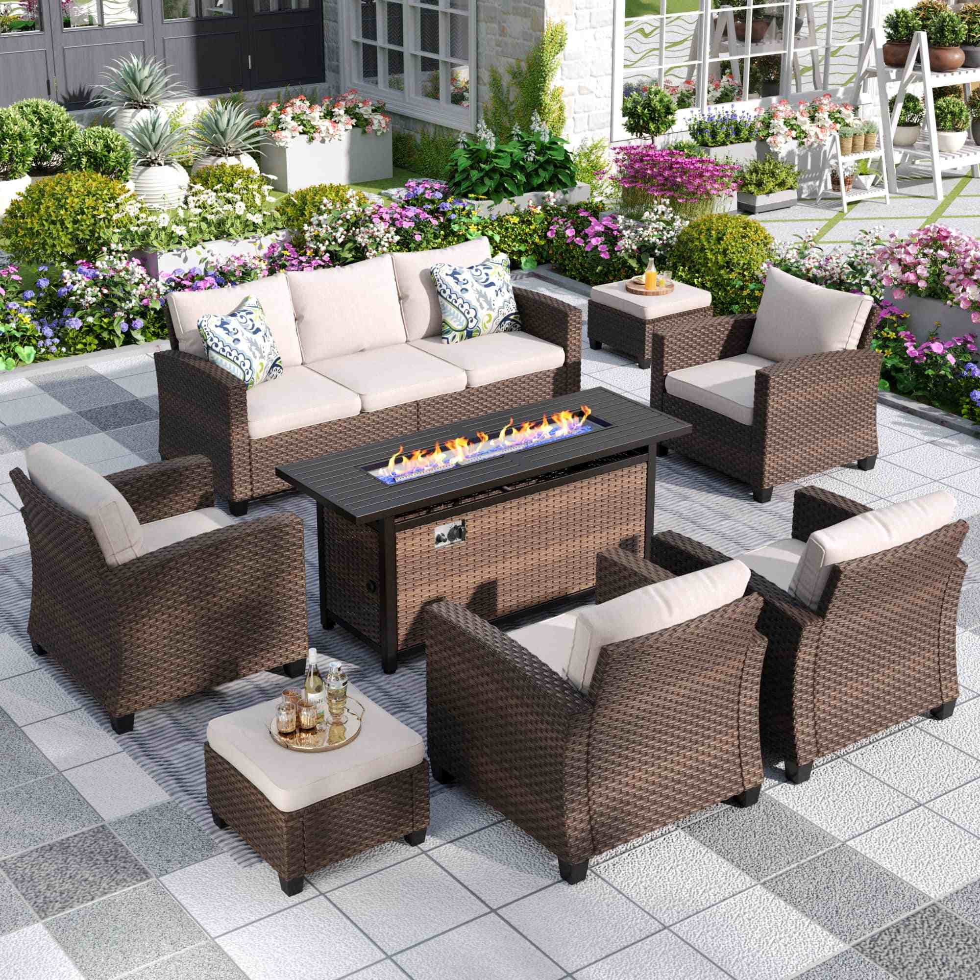 MF Studio 9-Seater Outdoor Patio Furniture Set with Fire Pit Wicker Patio Conversation Set Beige | Walmart (US)