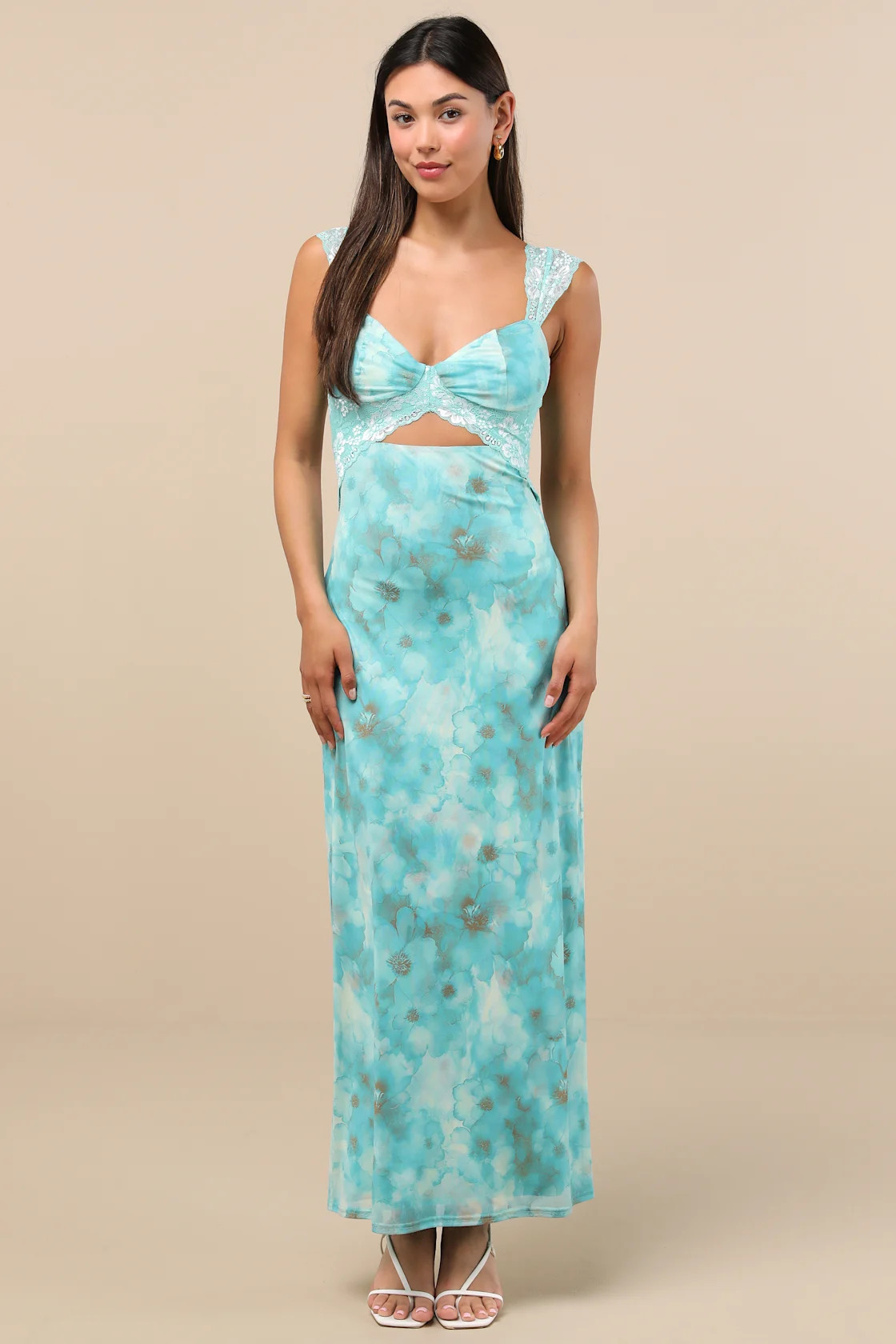 Endlessly Cute Teal Floral Mesh Cutout Lace Bustier Maxi Dress | Lulus