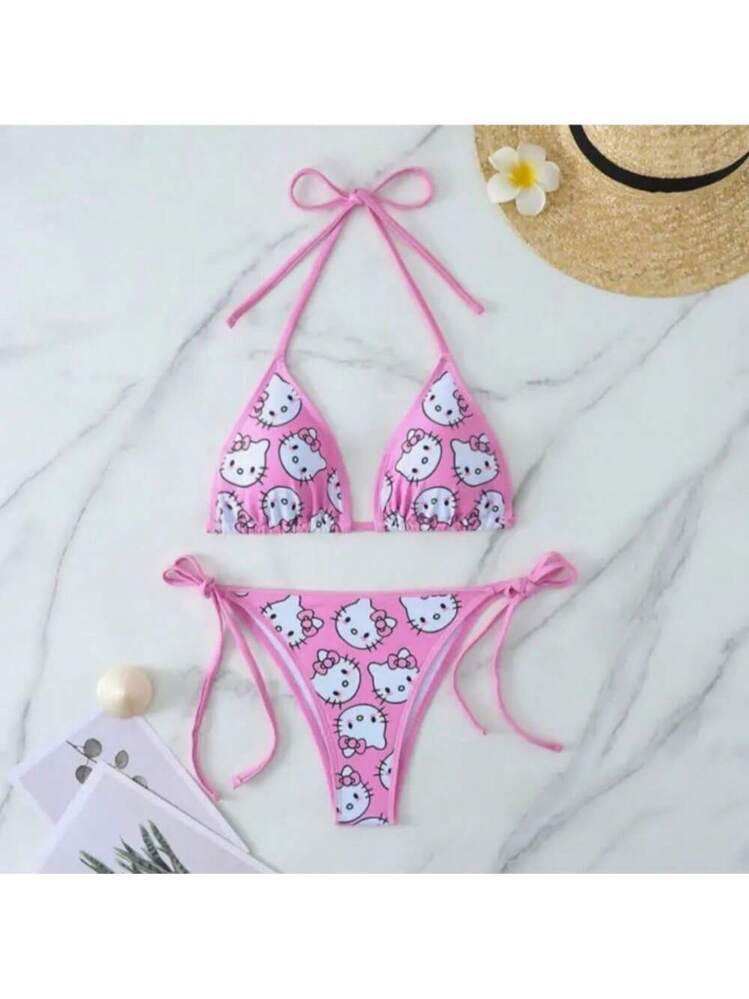 2 Pieces Sanrio Hello Kitty Cute Bikini Set, Ideal For Beach Vacation, Adorable Cartoon Print | SHEIN