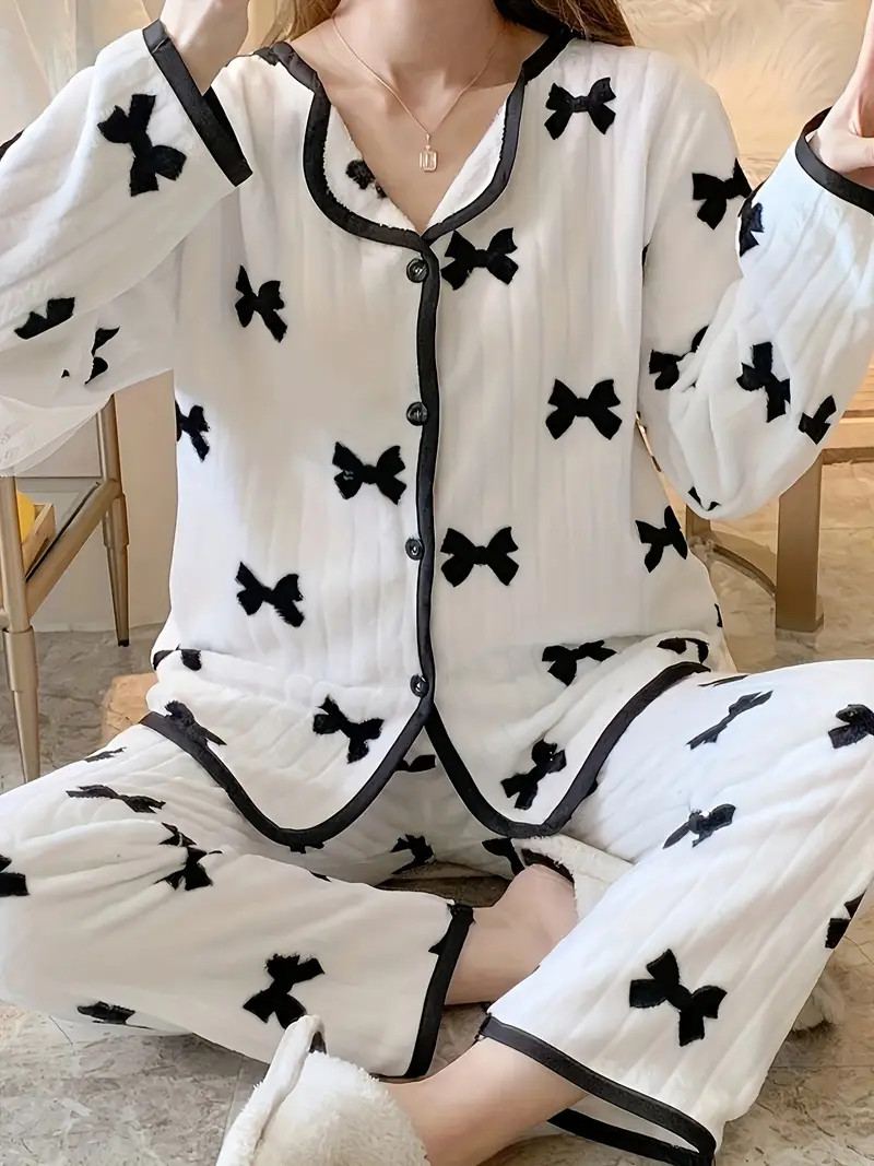 Cute Bowknot Pattern Warm Thermal Loungewear Long Sleeve - Temu | Temu Affiliate Program