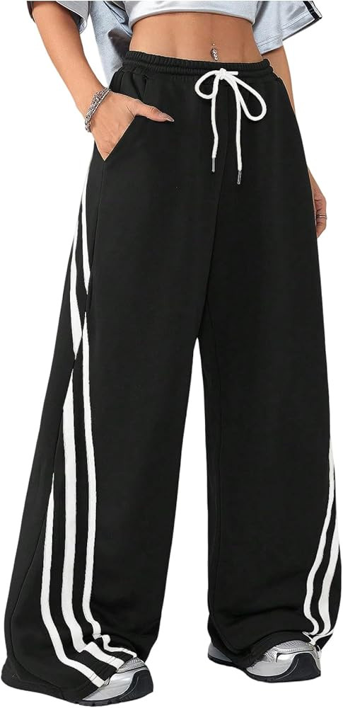 Women's Striped Baggy Sweatpants Drawstring Waist Wide Leg Track Pants Casual Trousers Fall Pants | Amazon (US)