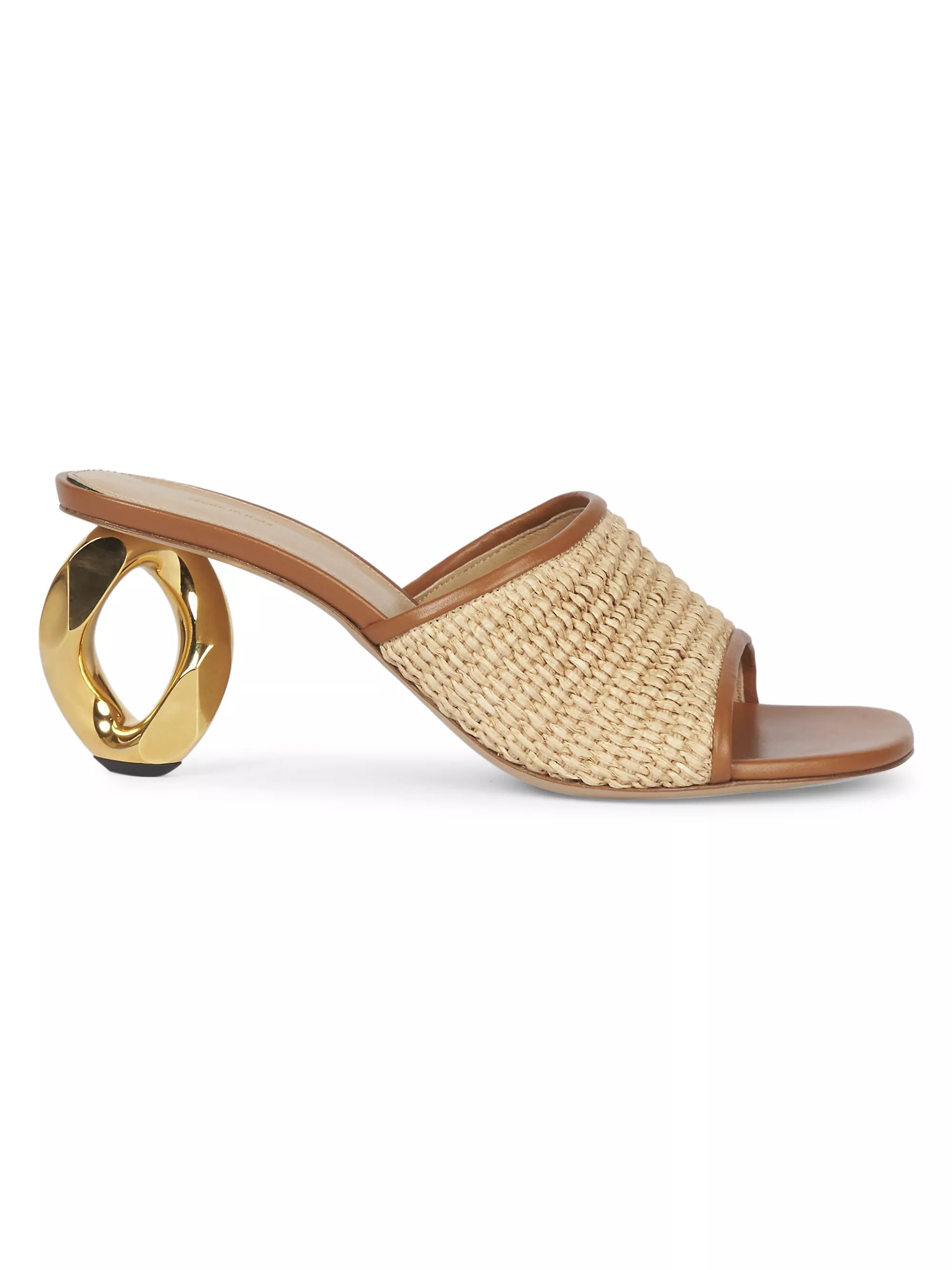 Geometric Heel 75MM Raffia & Leather Sandals | Saks Fifth Avenue