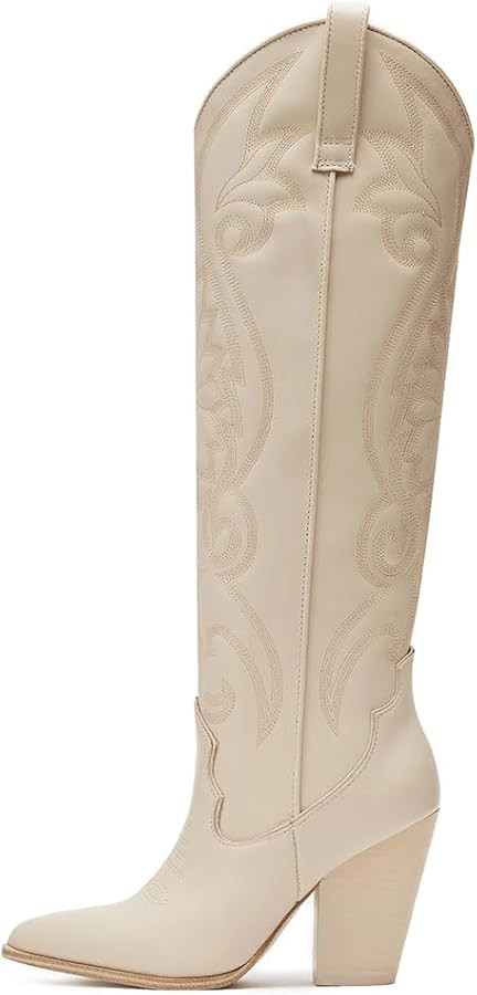 VOMIRA Knee High Cowboy Boots for Women Pointed Toe Chunky High Heels Pull-on Embroidered Boots W... | Amazon (US)