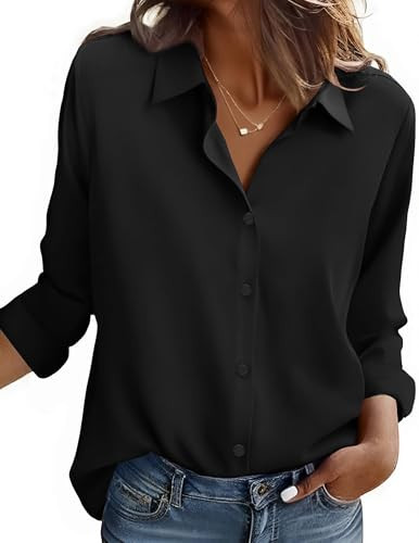 Zeagoo Womens Button Down Shirt Work Dress Shirts Long Sleeve Blouses Dressy Casual Collared V Neck Business Top Black S | Amazon (US)