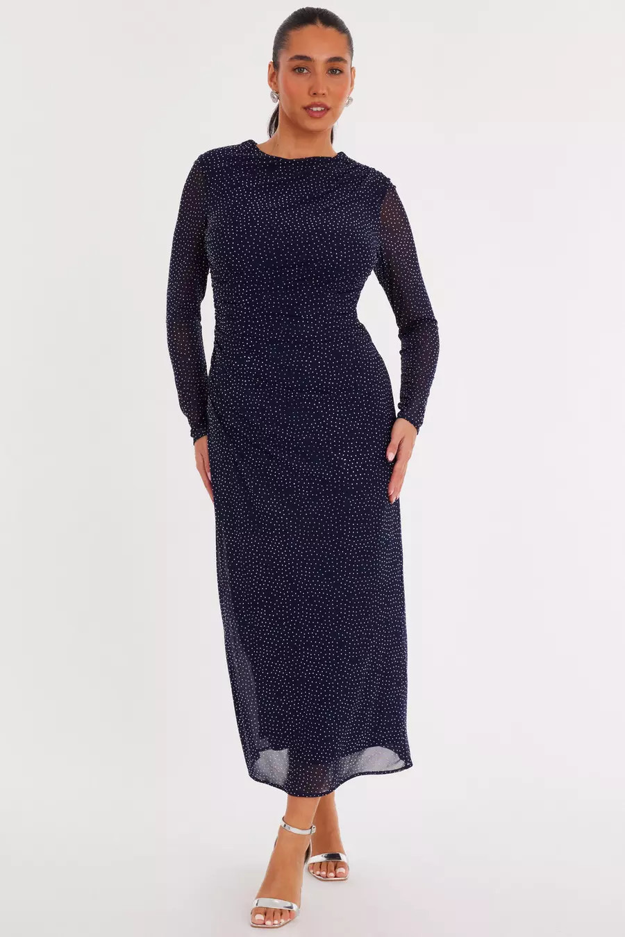 Navy Mesh Diamante Midaxi Dress | Quiz Clothing