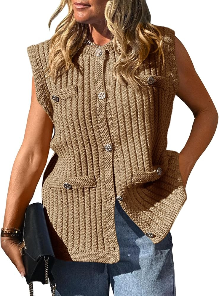 Saodimallsu Womens Sleeveless Sweater Vest Button Up Cable Knit Crew Neck Trendy Casual Loose Sum... | Amazon (US)