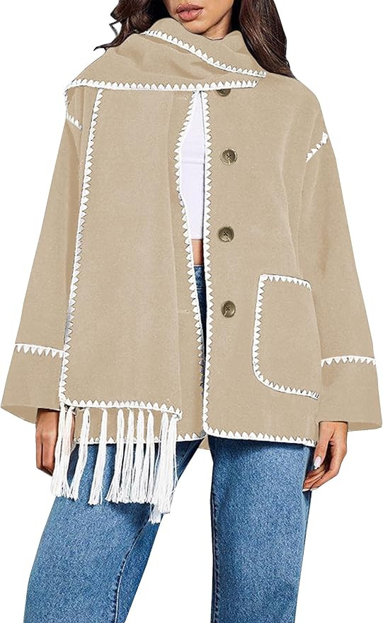 Angashion Women's Embroidered Scarf Jacket - Oversized Button Down Woolen Long Sleeve Causal Wint... | Amazon (US)