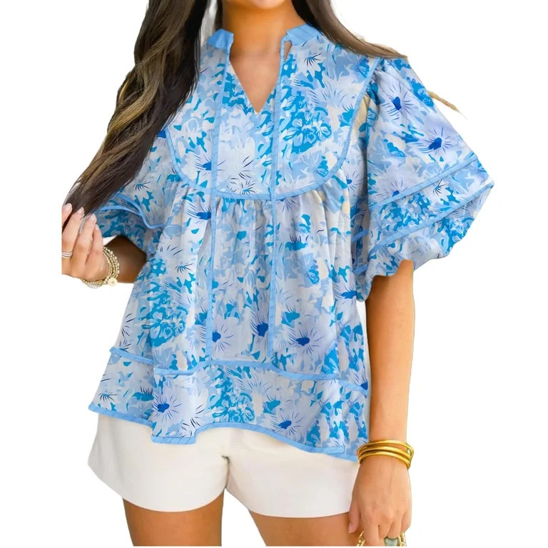 Short Sleeve Women Floral Print Casual Loose Blouse V Neck Flowy Tops | Walmart (US)