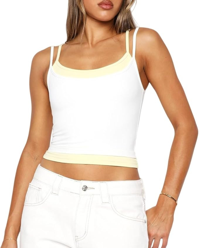 Amazon.com: Women Double Layered Tank Tops Spaghetti Strap Yoga Workout Tops Camis Casual Going O... | Amazon (US)