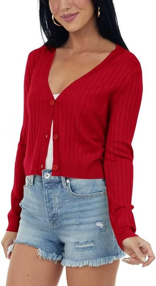 Lacozy Women's V-Neck Cardigan Sweaters Long Sleeve Button Down Ribbed Knit Shrug Sweater | Amazon (US)