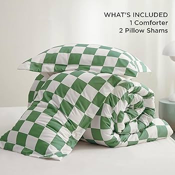 Bedsure Green Checkered Comforter Set - Bedding Comforter Set Queen, Green White Fluffy Grid Plaid Comforter, 3 Pieces, Includes 1 Comforter (90"x90") and 2 Pillow Shams (20"x26"+2") | Amazon (US)