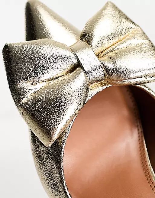 ASOS DESIGN Scarlett bow detail mid heeled shoes in gold | ASOS (Global)