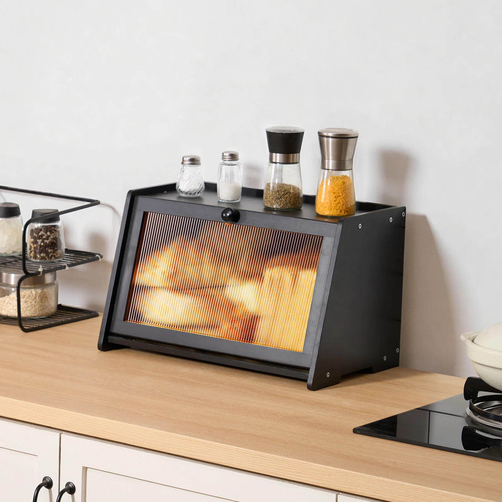 Bread Box for Kitchen Counter Large Capacity Bamboo Storage Container Black | Wayfair North America