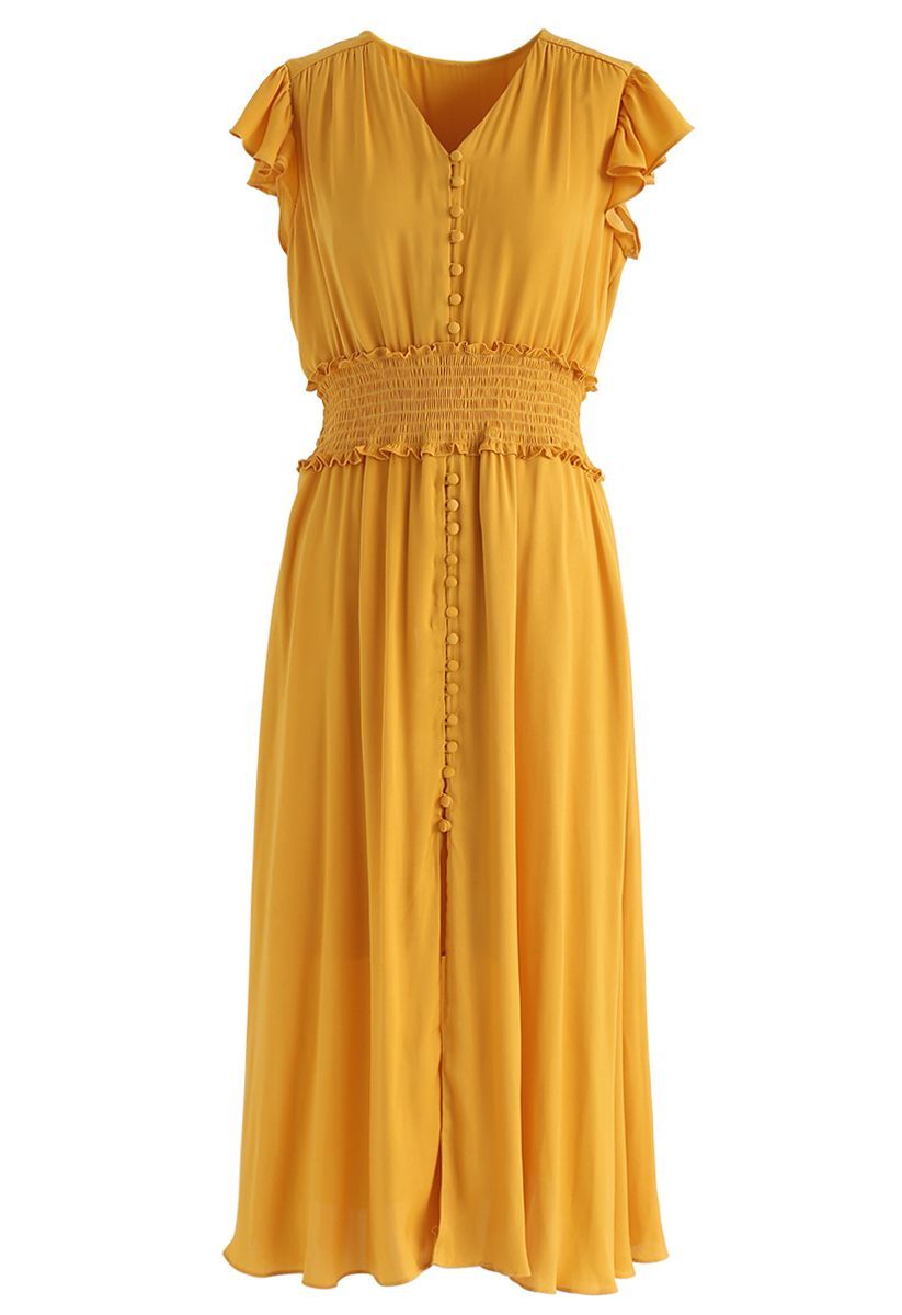 Shirred Button Down Ruffle Dress in Mustard | Chicwish