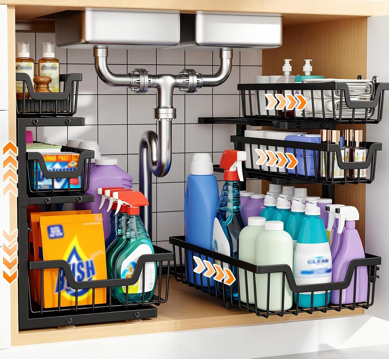 Under Sink Organizer, 2-Pack 3-Tier Height Adjustable Thickened Metal Pull out Cabinet Organizer Shelf, Slide out Storage Drawer Rack for Bathroom Kitchen Pantry Home Laundry Organization (Black) | Amazon (US)