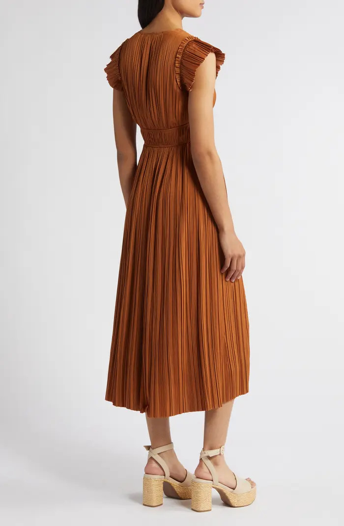 MOON RIVER Pleated Tie Waist Midi Dress | Nordstrom | Nordstrom