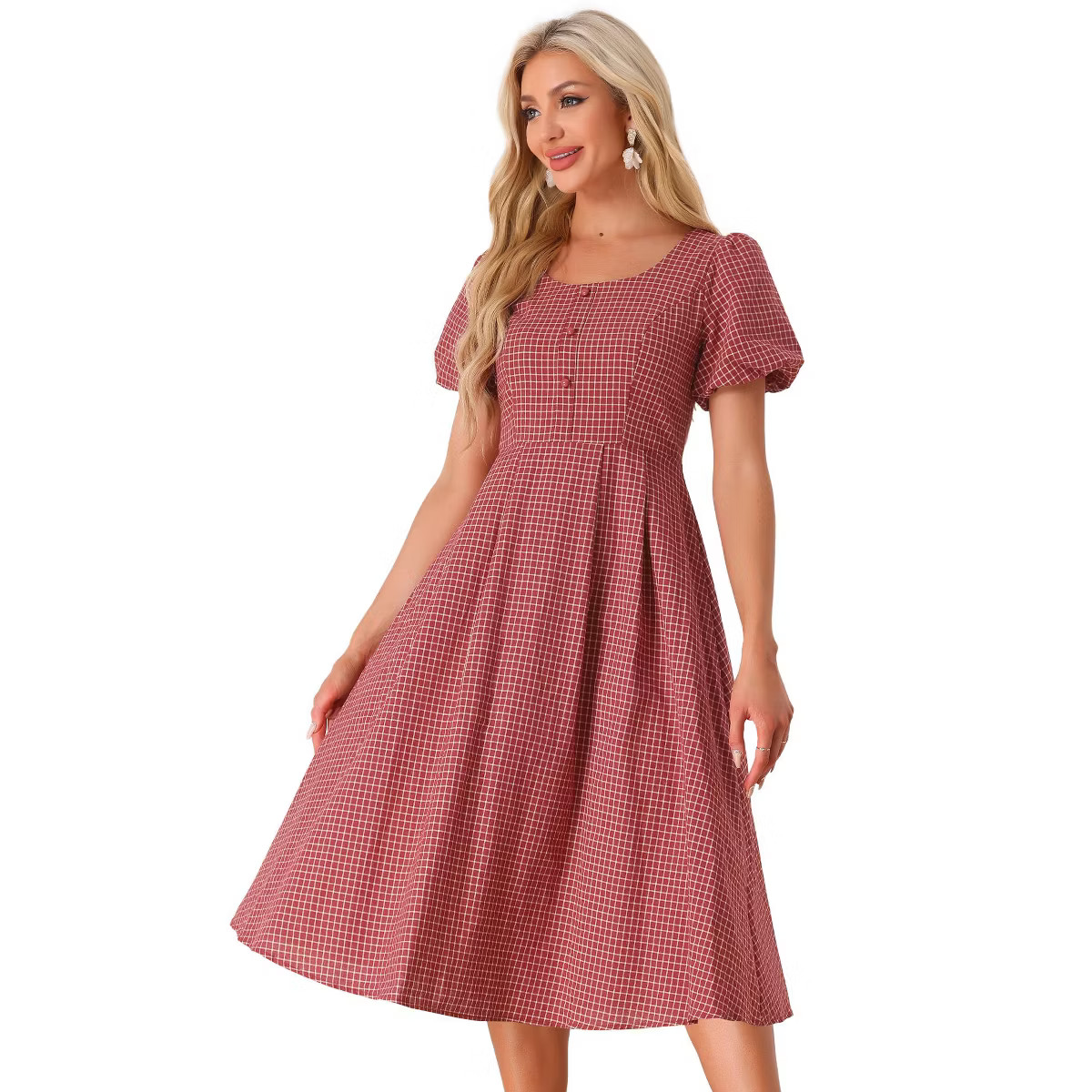 Allegra K Women's Plaid Summer Pleated Back Button Decor Puff Sleeve Maxi Dress | Target