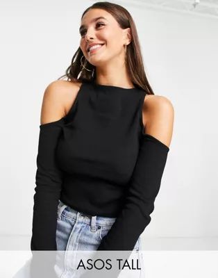 ASOS DESIGN Tall long sleeve top with cold shoulder in black | ASOS (Global)