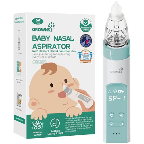 GROWNSY Nasal Aspirator for Baby with Protection Mode, Electric Nose Suction for Baby, Automatic Baby Nose Sucker with 3 Silicone Tips, Adjustable Suction Level, Music and Light Soothing Function | Amazon (US)