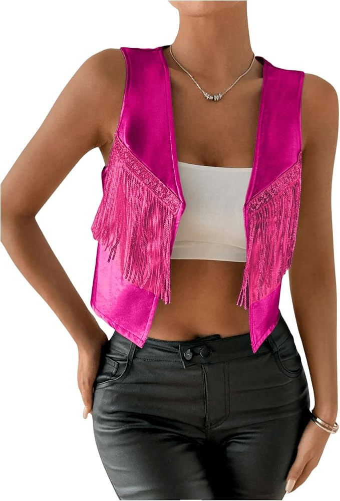 MakeMeChic Women's Sequin Fringe Vest Sleeveless Metallic Y2K Crop Cowgirl Western Jacket | Amazon (US)
